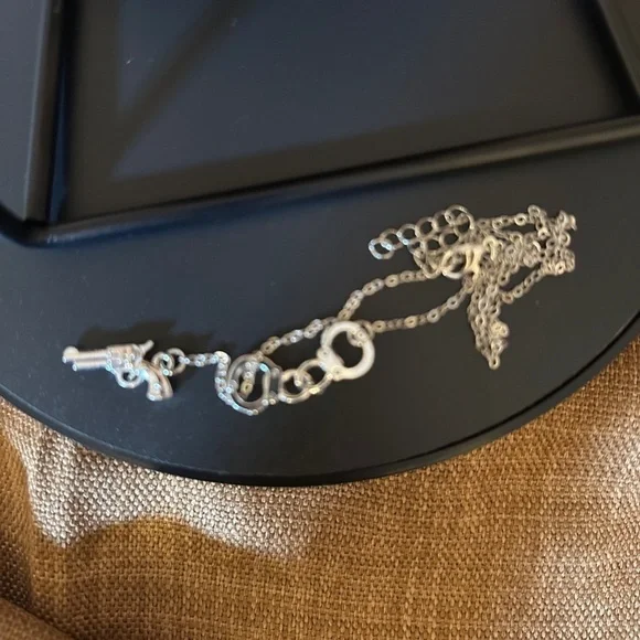 Handcuffs and Pistol Drop Necklace Silvertone - Picture 3 of 4